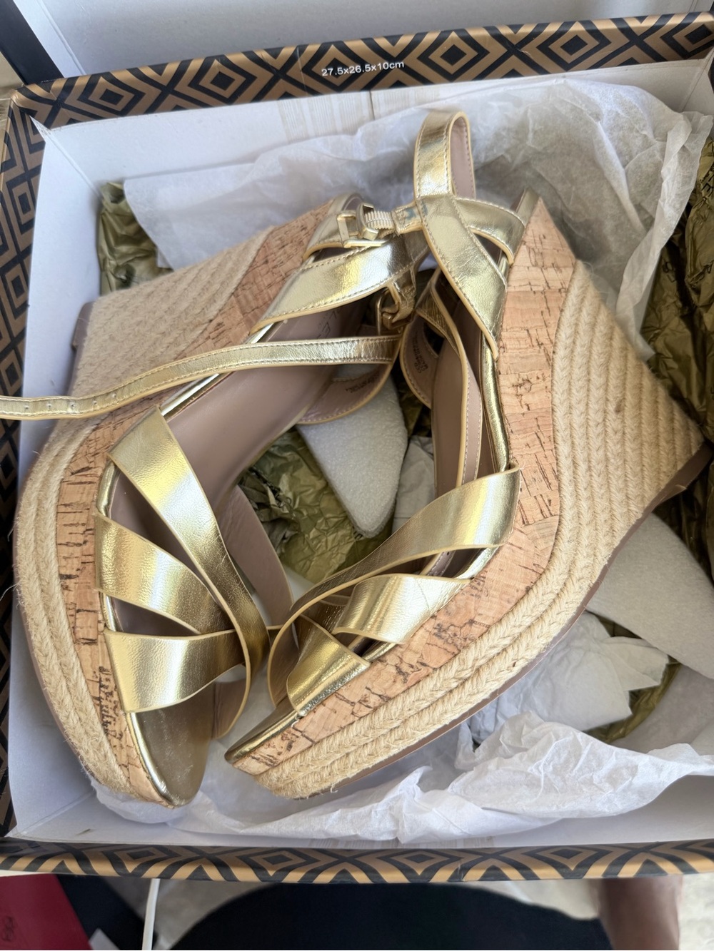 Charles David Metallic Gold Braided Espadrille Wedges with Ankle Wrap 10 - Picture 2 of 10